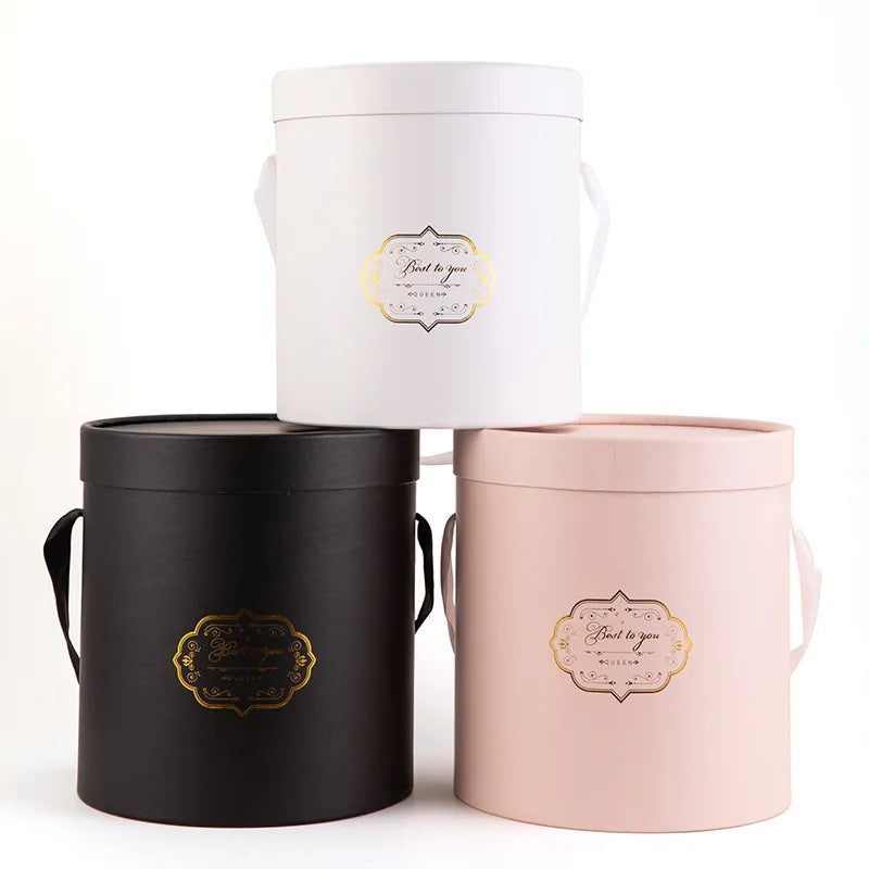 Wholesale Flower Packaging Box Round Portable Large Set of Three Cardboard Flower Box with Ribbon Handle