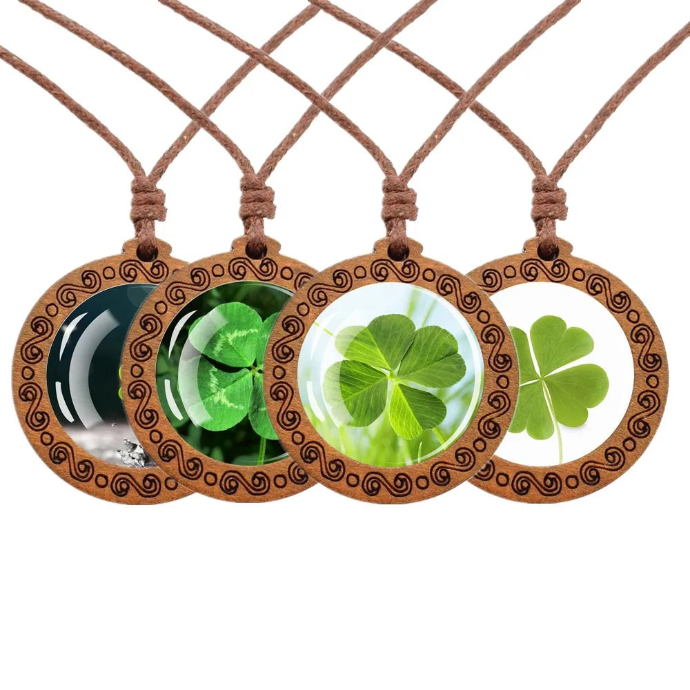 Vintage Four Leaf Clover Wooden Pendant Wax Rope Chain Necklaces St. Patrick's Day Lucky Jewelry for Men Women Clover Necklace