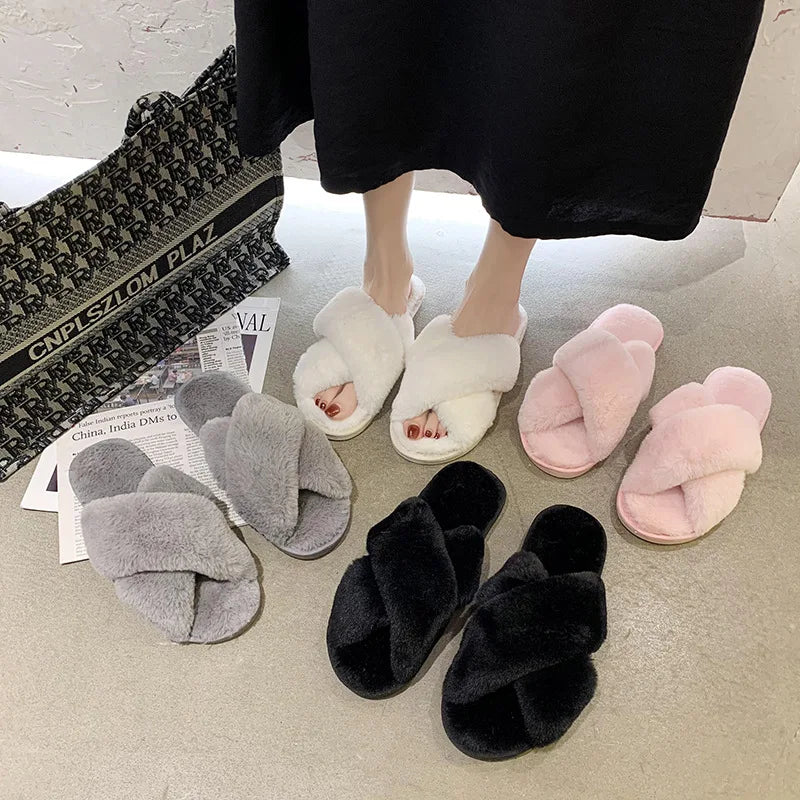Women's Cozy Open Toe Indoor/Outdoor for Slippers Soft Plush Furry Cross Band with Faux Rabbit Fur Warm Comfy for Autumn/Winter