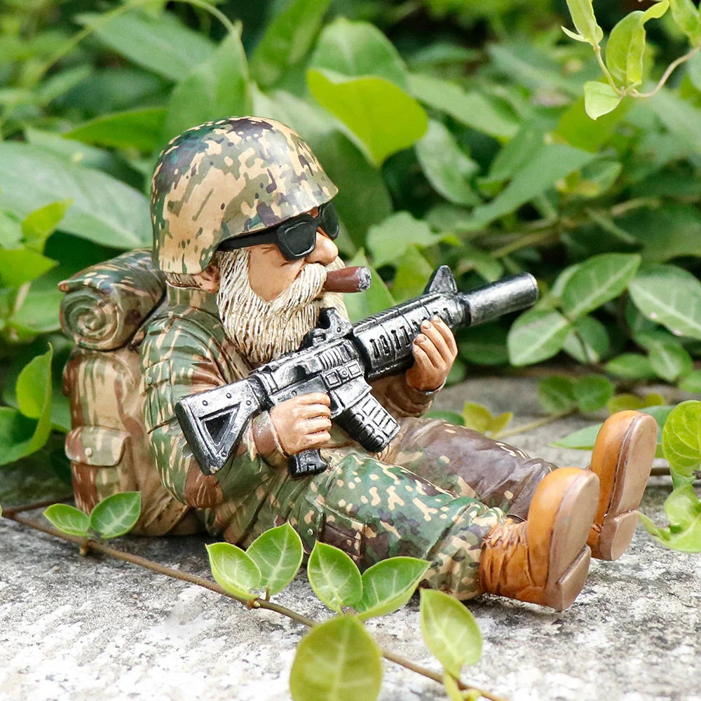 Camouflage Gnome Statue Hand-painted Resin Artistic Design with Rifle Cigar Holiday Gift Fashion Outdoor Garden Decor Figurines
