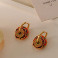 Small Many Wear Enamel Drip Oil Buckle Brass Female Retro Light Luxury High Sense of Ethnic Earrings