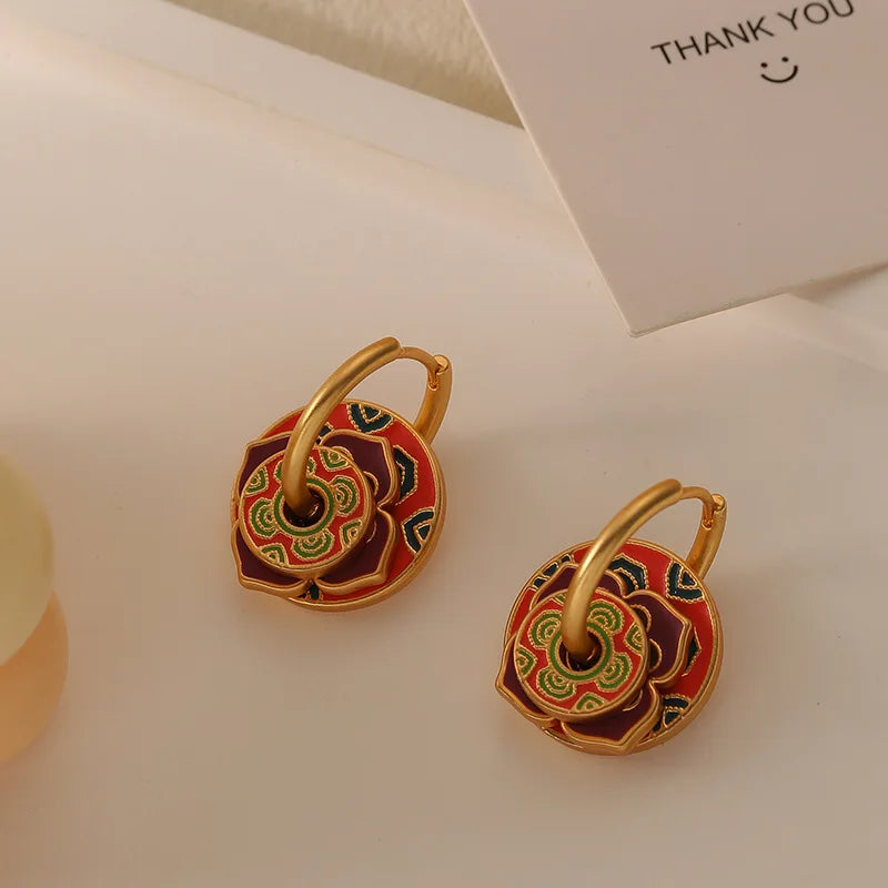 Small Many Wear Enamel Drip Oil Buckle Brass Female Retro Light Luxury High Sense of Ethnic Earrings