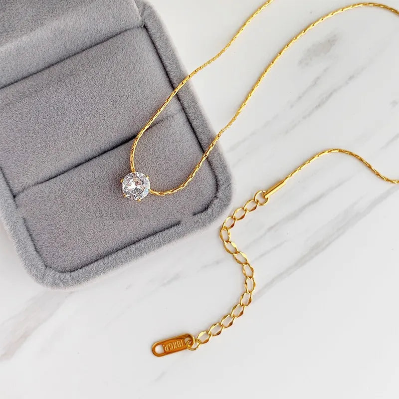 Minimalist Jewelry Tarnish Free Stainless Steel Cute Single Diamond Pendant Necklace Thin Chain Statement Necklace
