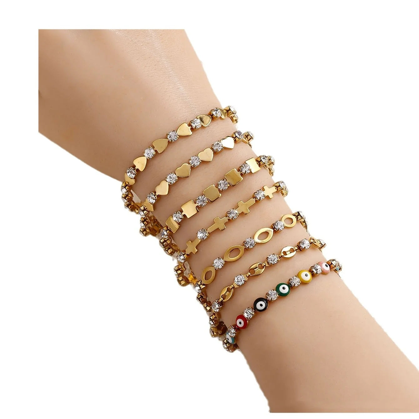 Diamond Waterproof Eye Cross Beaded Tarnish Free PVD 18K Gold Plated Stainless Steel Heart Bracelet