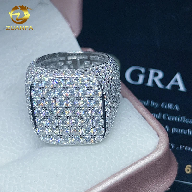 Hot Sale Design square Shape Fully Moissnaite Men's Ring 18K White Gold Plated 925 Silver VVS Moissanite Iced Out Hip Hop Ring