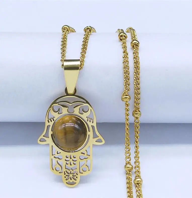 Caicai Fatima Hand Pendant Women Men Stainless Steel Necklace Gold Plated Natural Stone Necklace 18k Gold