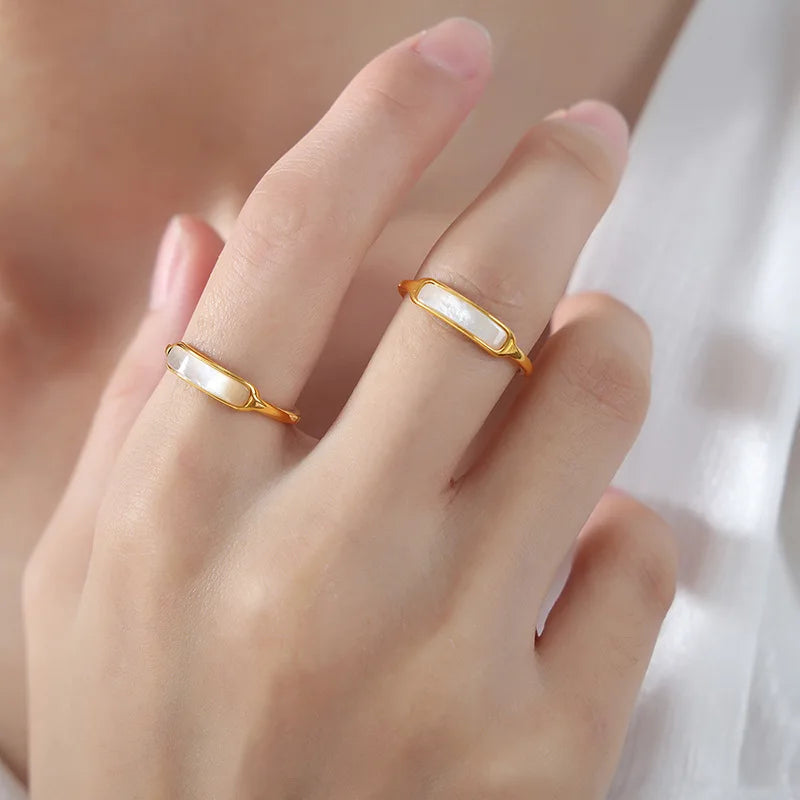 Dainty Mother of Pearl Bar Signet Ring Waterproof Non Tarnish Stainless Steel Minimalist Ring
