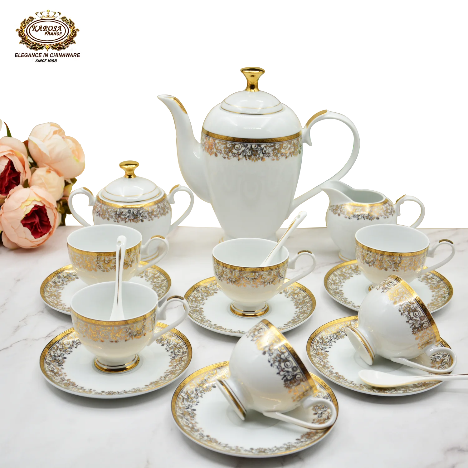 Karosa Luxury Fine Porcelain  Classic Royal Afternoon British Golden Bone China Eco-Friendly Ceramic Design Tea Coffee Set