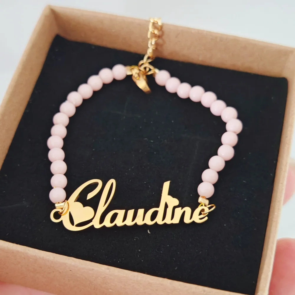 Qiuhan Pink Bead Chain Custom Name Bracelet Cute Chain Jewelry Gift for Girls Party Anniversary Accessory