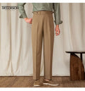 Men's Brown Flared Pencil Trousers Long Straight Leg Dress Pant Suits Side Pocket Pleated Front Plus Size Casual Pants
