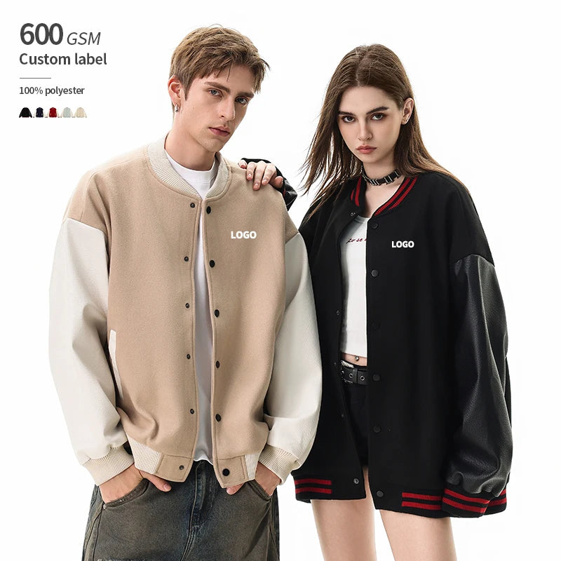 Winter PU Sleeve Leather Baseball Jacket Men Plus Cotton Varsity Jackets Custom logo
