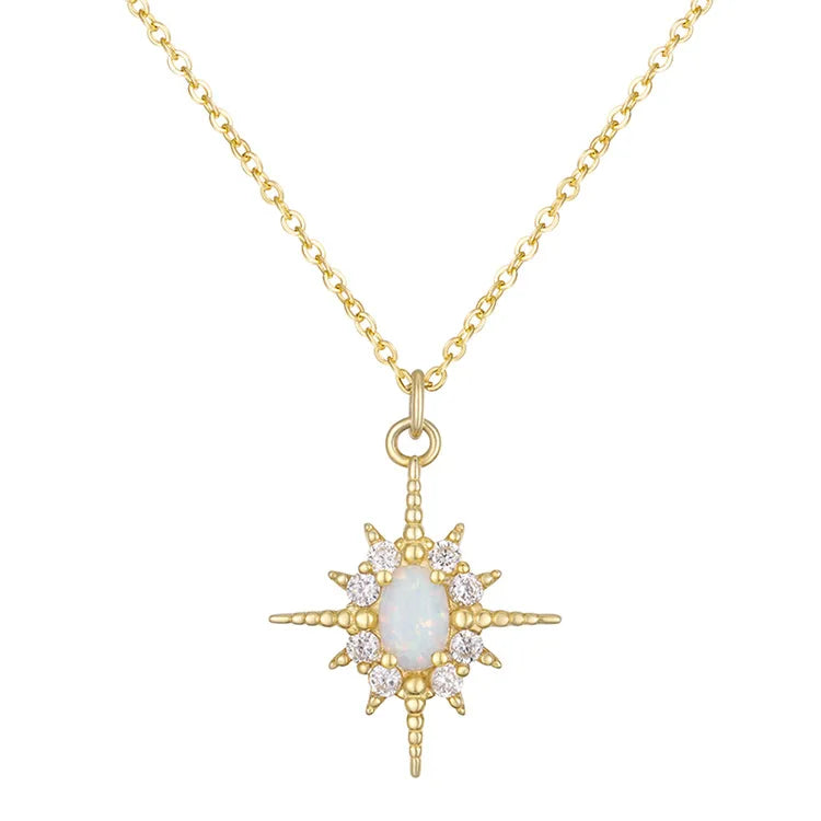 14K Gold 925 Sterling Silver Plated Dainty Sun Opal Star Inlaid Necklace Trendy Wedding Engagement Accessory for Women Gift