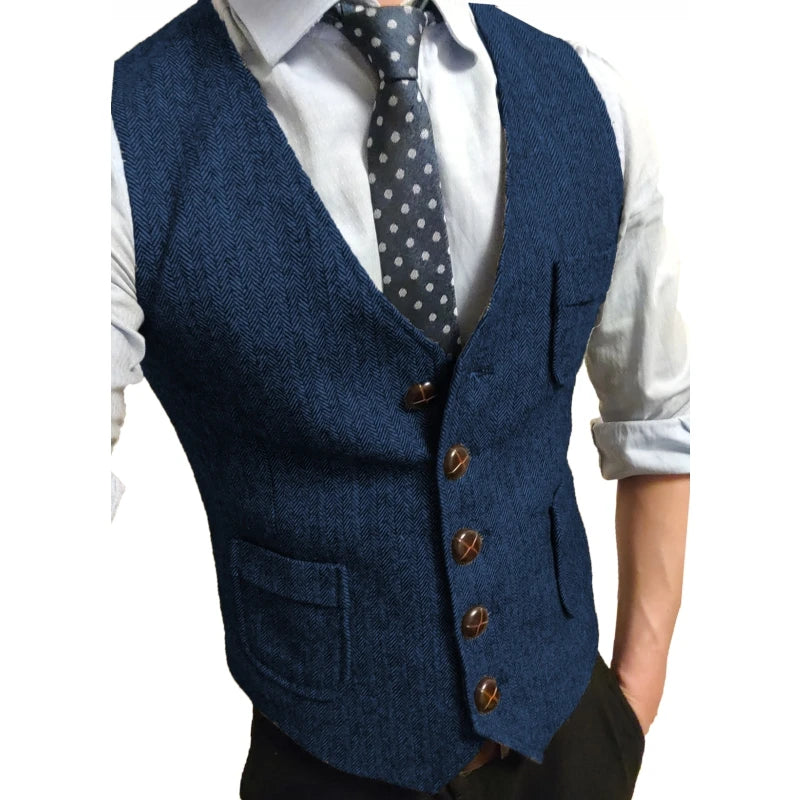Royal Blue Business Men Vest Wool Herringbone Suit Lapel Tweed Casual V Neck Formal Brown Waistcoat Groomsman Jacket for Wedding
