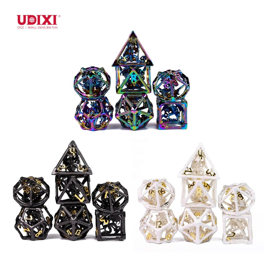 For Udixi Luxury Metal Box Customizable RPG Dungeons Dragons Hollow Metal Dice Game Set Rainbow Colored Polyhedral Dice