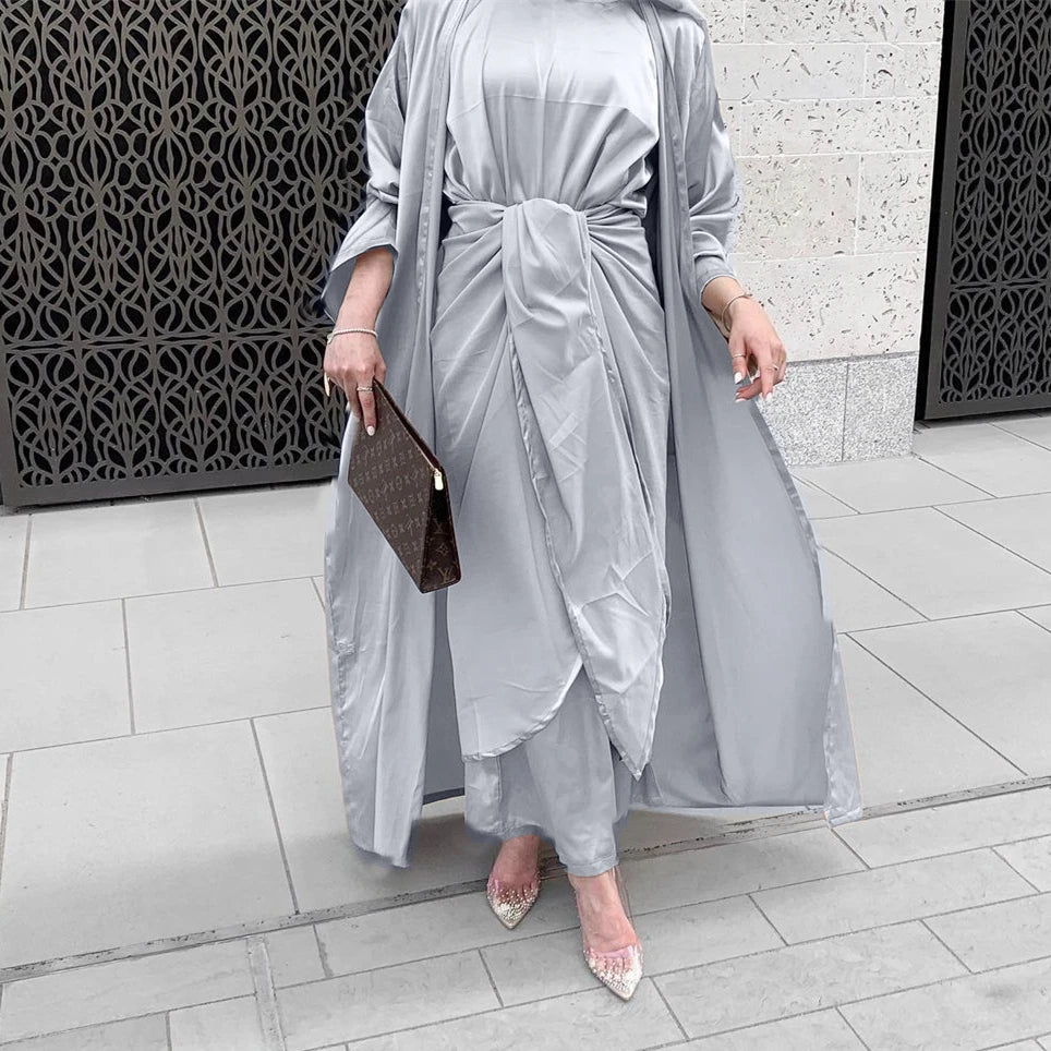 2026 Satin 3pieces Set Modest Satin Abaya Gifts Turkish Islamic Fashion Clothing Sets Middle East Islamic Satin Dress