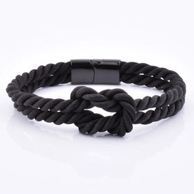 New Fashion Customized Logo 316L Stainless Steel High Polished Clasp Bracelet for Unisex Black Woven Rope Knot Design