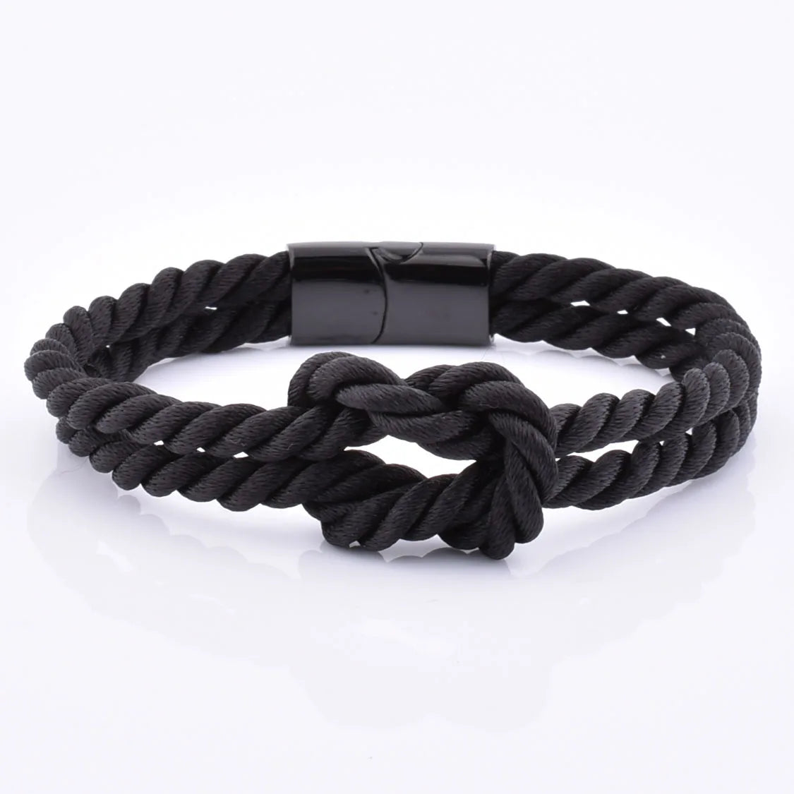 New Fashion Customized Logo 316L Stainless Steel High Polished Clasp Bracelet for Unisex Black Woven Rope Knot Design