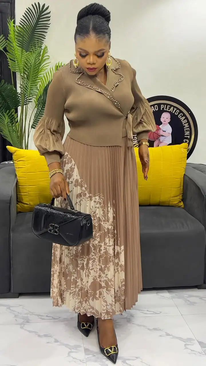 Sheen Factory to Customer Original Pleated Miyaki Elegant Plus Size Floral Long Stretchable Women's Casual Dresses MegaBDM