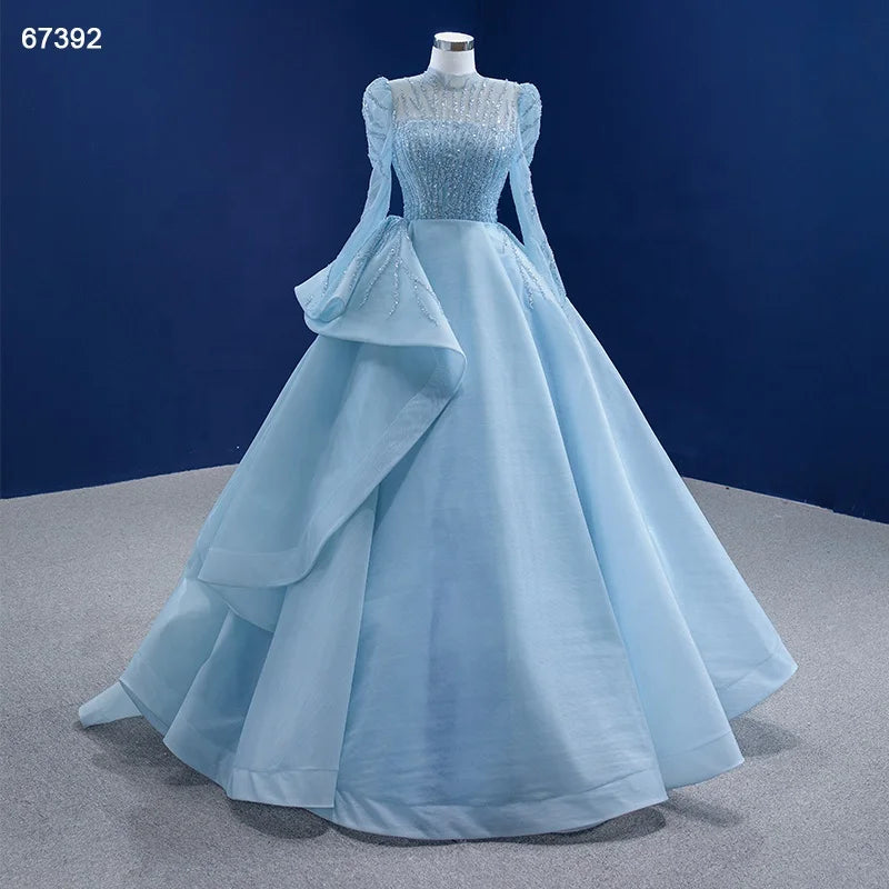 Jancember RSM67392 2021 Sequin Long High Neck Blue Lace up Prom Gowns Evening Dresses