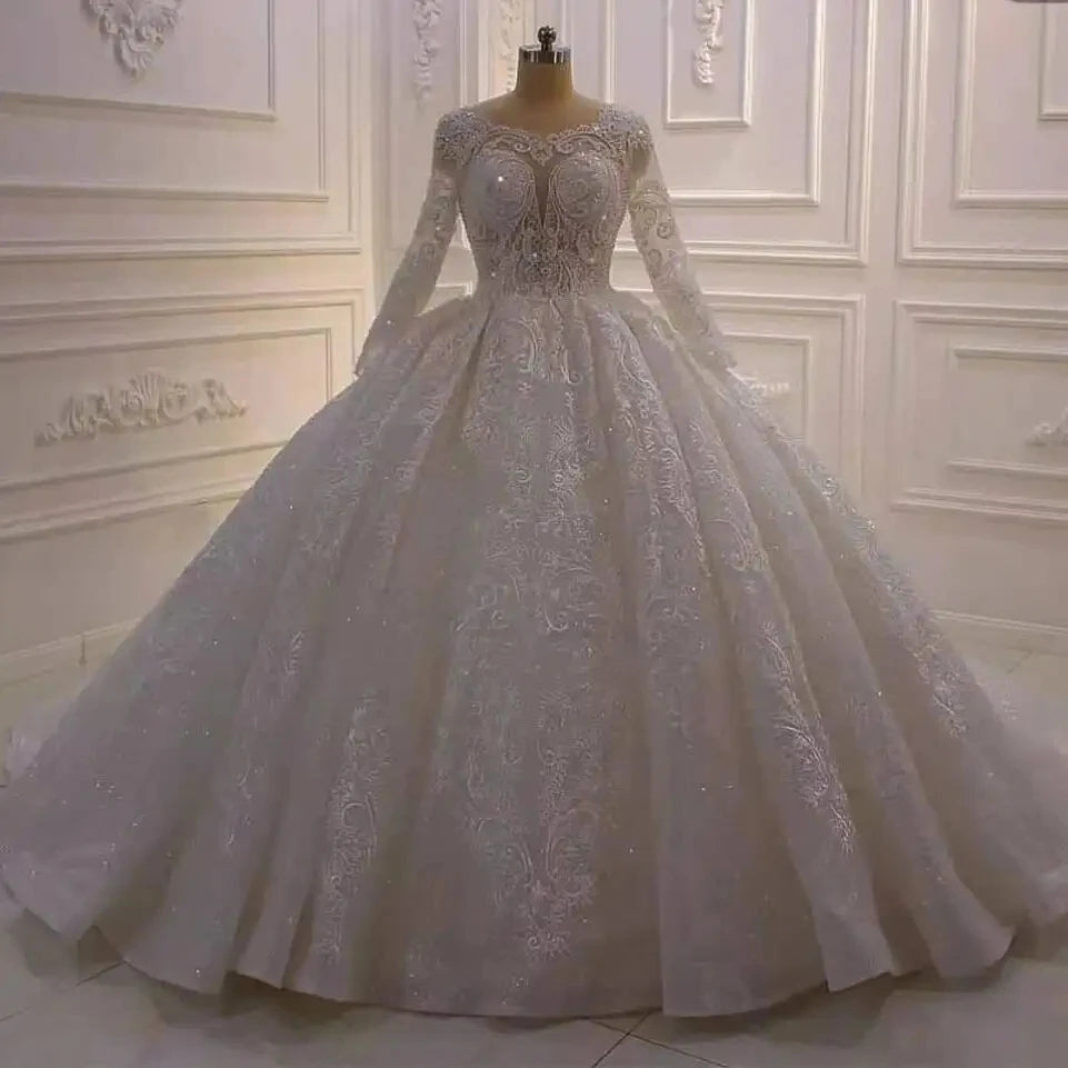 S8265F Custom Ball Gown Bridal Gowns Sheer Neck Lace Appliqued Sequins Plus Size Elegant Wedding Dress