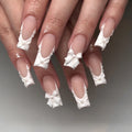 3890 Matte French 3D Bow Accents White Flowers Medium Square Design False Nails Press on Nails Artificial Fingernails Customize