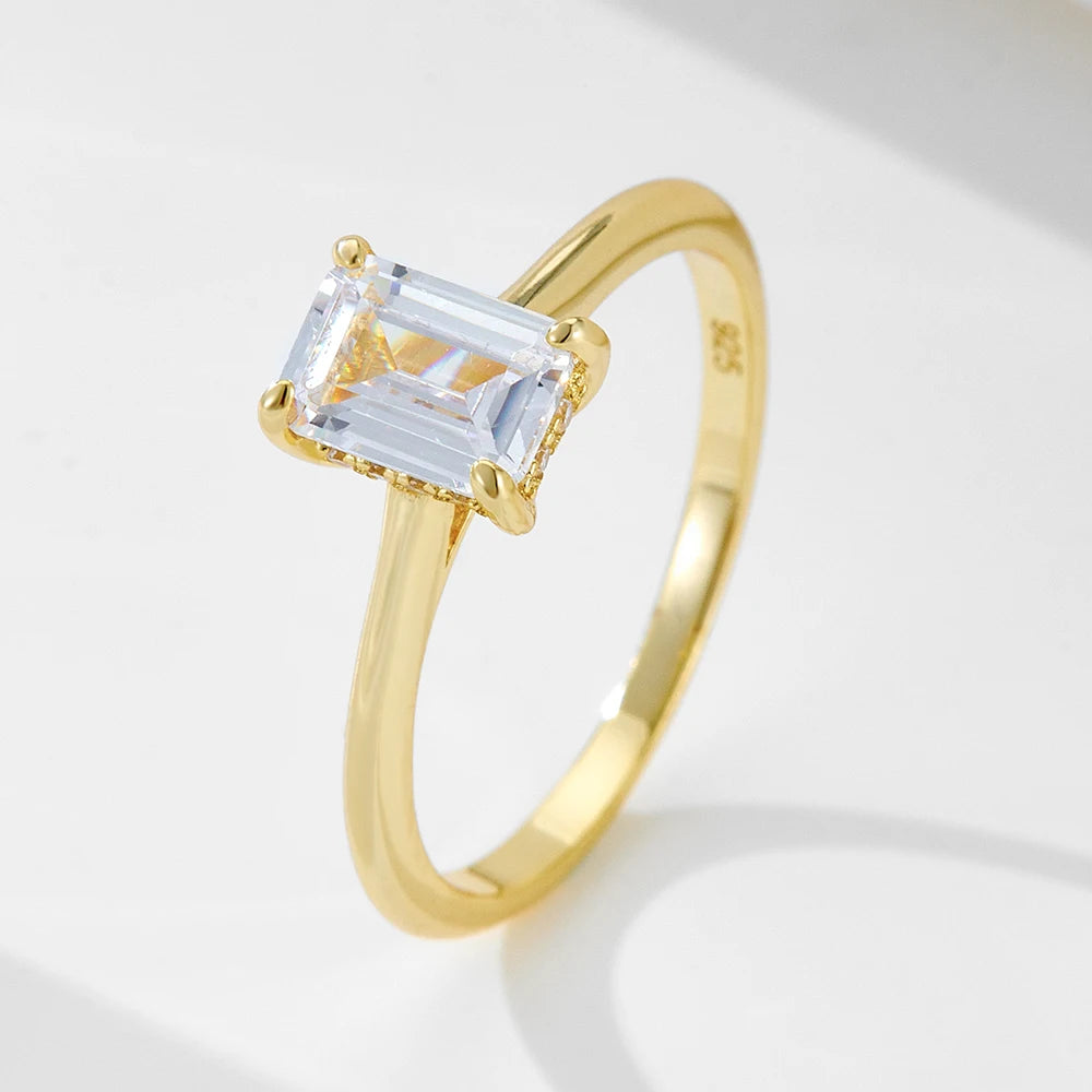 Wholesale Jewelry S925 Silver Fine Ring Classic Emerald Cut Cubic Zircon Gold Plated Engagement Rings for Women