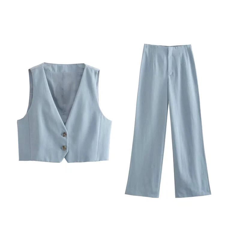 Autumn Women Suit New Women V-Neck Sleeveless Short Tank Top High Waist Casual Pants Set