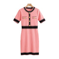 Summer Fashion Color Blocking Metal Button Knitted Dress Elegant Wrap Knitted Sweater Dress Knitted Dress for Women