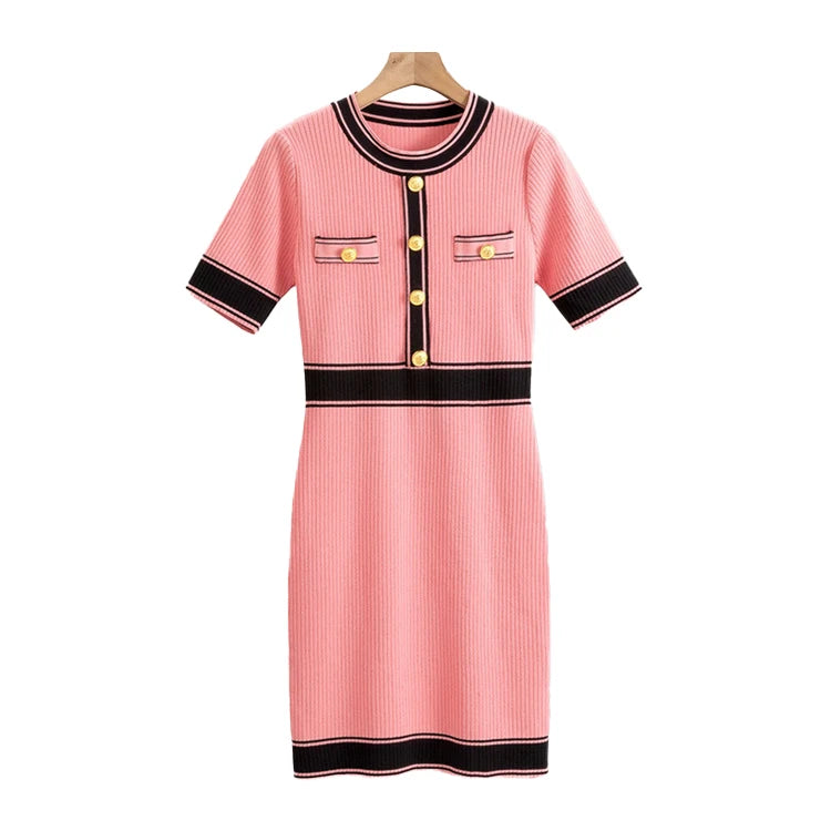 Summer Fashion Color Blocking Metal Button Knitted Dress Elegant Wrap Knitted Sweater Dress Knitted Dress for Women