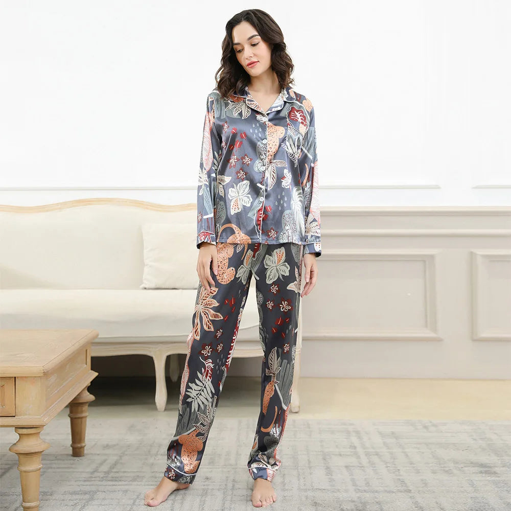 Beautiful and Elegant Women Long Satin PJ Set Notched Collar Button Down Pjs Sleepwear Promotion Price