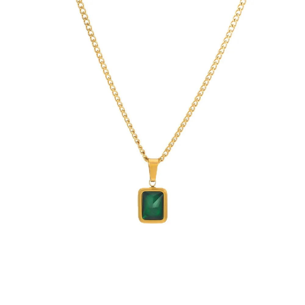 Exquisite Geometric Rectangle Emerald Diamond Necklace Matte Stainless Steel square Crystal Zircon Pendant Necklace