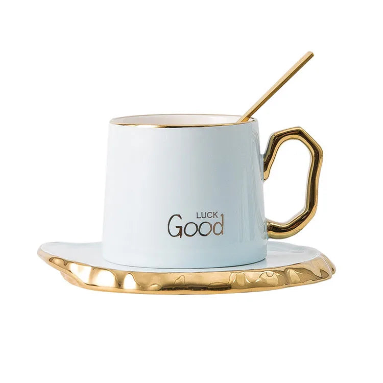 Creative Nordic Ceramic Tea Cups & Saucers Set with Irregular Gold Handle Porcelain Mugs & Saucers