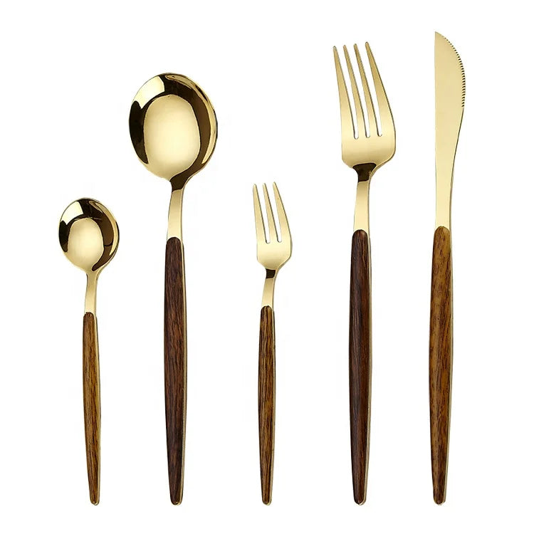 Mirror Polish Gold Cutlery Tableware Wood Handle Unique Wedding Stainless Steel Flatware Set