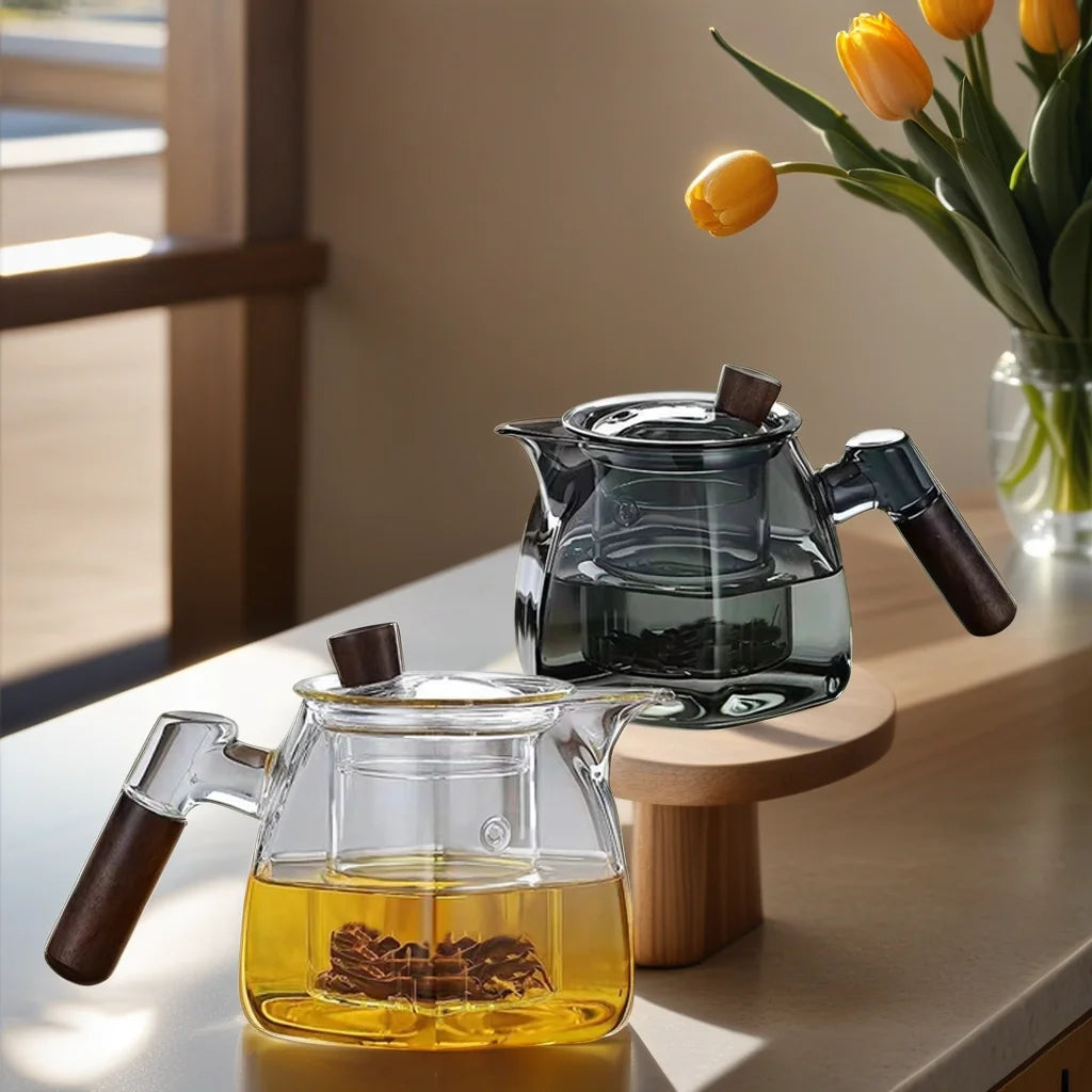 600ml Heat Resistant High Borosilicate Glass Hand Blown Tea Pot with Lid Glass Tea Infuser and Wooden Handle