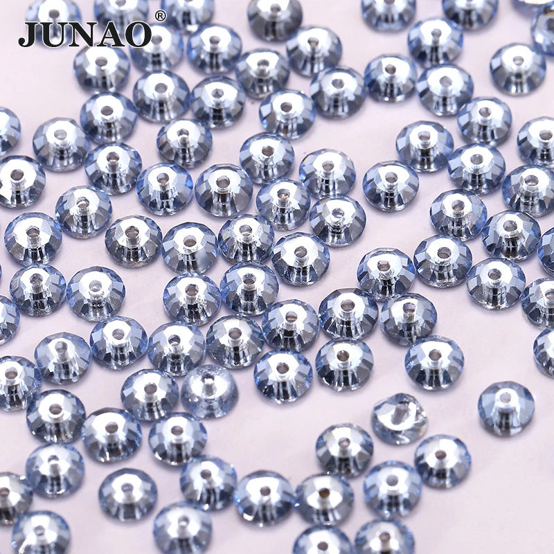 JUNAO New Silver Back Glass Beads 3mm 4mm 5mm 6mm 8mm Crystal Stones With Mid-Hole Sewing Glass Rhinestones for Wedding