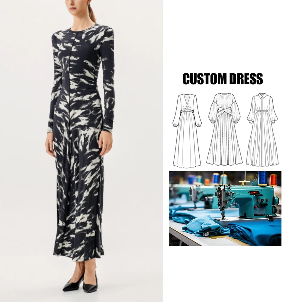 Custom Brand Viscose Elastic Long Sleeve Maxi A-Line Dress with Floral Pattern Natural Waistline Casual Style Digital Printing