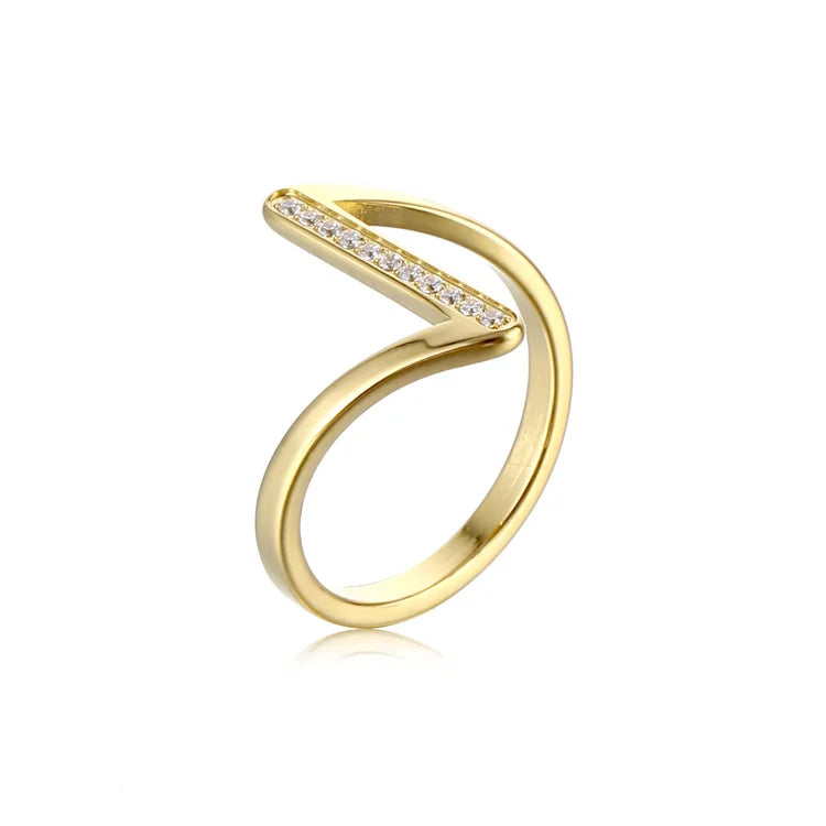 V Shape Women Geometric Ring Stainless Steel Gold Plated Wedding Diamond Ring for Women