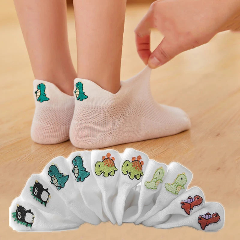 Wholesale Summer Cute Dinosaur Logo Embroidered Socks Kids Children Breathable Mesh Cotton Ankle Socks Set