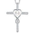 Religious Belief Jewelry 925 Sterling Silver Heart Freshwater White Pearl Cross Necklace for Women