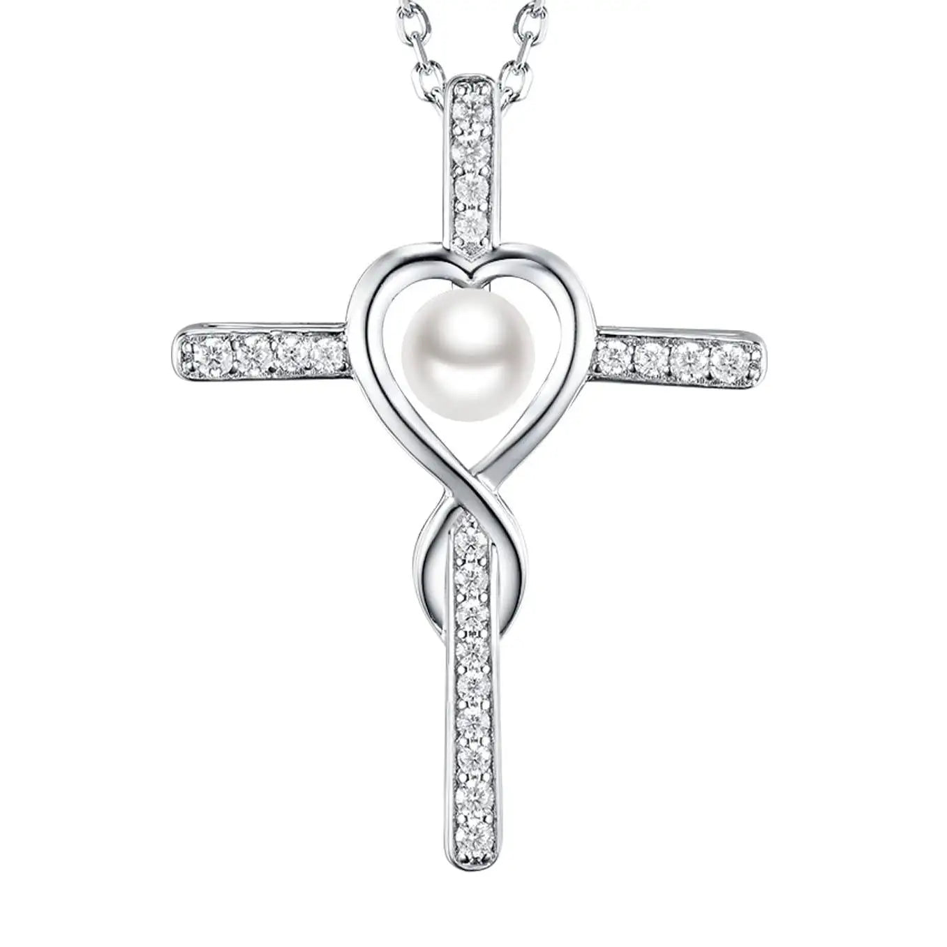Religious Belief Jewelry 925 Sterling Silver Heart Freshwater White Pearl Cross Necklace for Women