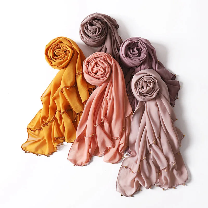2026 New Pearl Chiffon High Quality Bubble Chiffon Malaysia Lace Toe Scarf Gold Decorative Headscarf