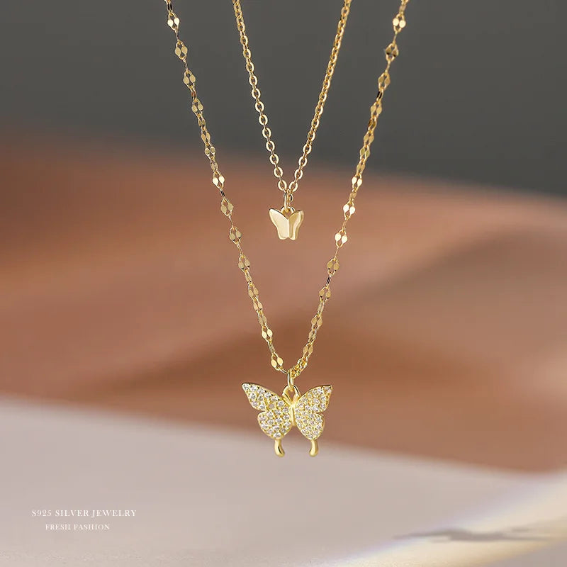New Design Personality Cubic Zircon Pendant Necklace Fashion Jewelry S925 Sterling Silver Double Layer Butterfly Necklace