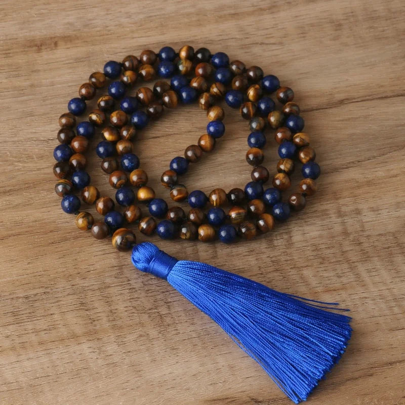 8mm Tiger Eye Beaded Necklaces Yoga Meditation Tassel Pendant Natural Gemstone Lapis Lazuli Japamala Necklace for Men Jewelry