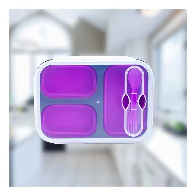 3 Compartments Microwaveable Food Grade Silicone Lunch Box Folding Food Container Meal Prep With pp Lid and Spork