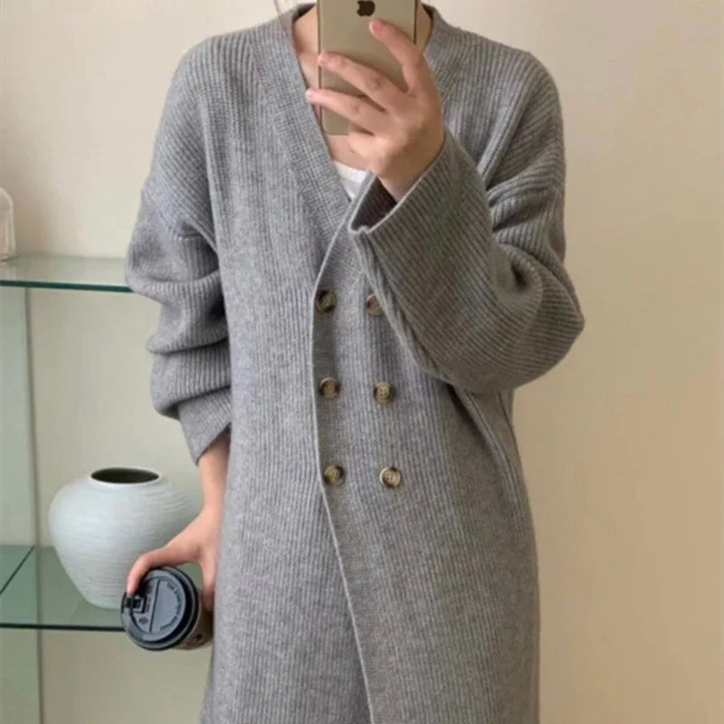 Cis Winter Coats for Ladies Women Long Knitted Double Breasted v Neck Long Sleeves Cardigan Korean Long Coat for Girls Casual