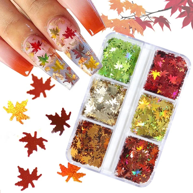Paso Sico Japanese High Quality 6 Slots Small Box Metallic Leaf Sequins Laser Leaves Fall Design Nail Art Glitter Decoration DIY