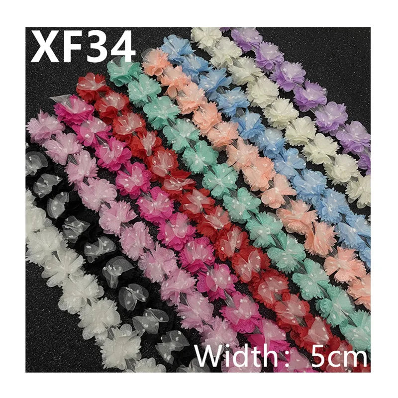 Wholesale 5cm 3D Multi-color Chiffon Flower Lace Trimming Fabric for Clothing Dancing Bridal Dress XF34 22 Flowers Per Yard