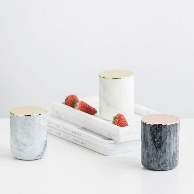 Luxury Matte White and Black Unique Empty Marble Candle Pot Jars With Electroplated Gold Lids