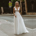 Deep V Neck Appliqued Lace Pearl Button Back A-Line Tulle Formal Bridal Dress Beach Simple Wedding Dresses