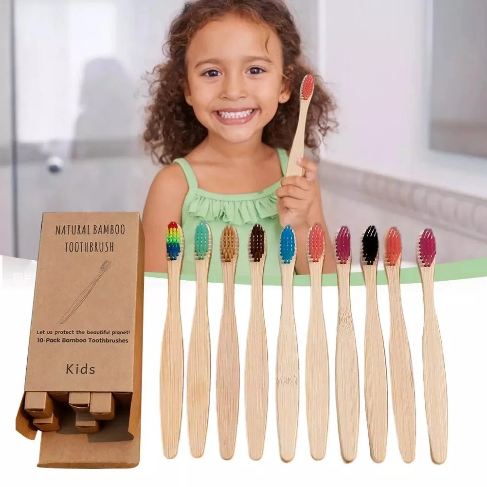 Set of 10 Child-Friendly Soft Fiber Eco-Friendly Wood Toothbrushes with Bamboo Handle Oral Care Tool for Home Whitening